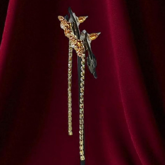 Gold Flower Rhinestone Linear Drop Earrings Pearl Luxe Bling Modern Retro Glam - Picture 4 of 15